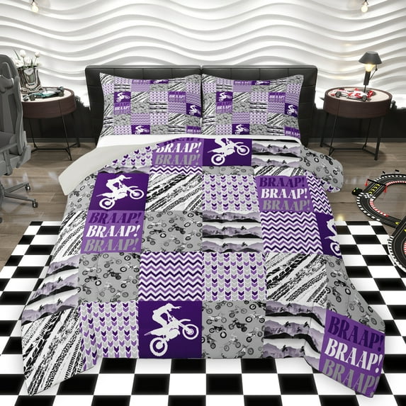 Homewish Cartoon Motorcycle Lover Queen Comforter Set, Grey Purple Buffalo Patchwork Bedding Sets, Teens Kids Boys Girls Reversible Bedding Comforter Set, Luxury Bedroom Decor, 3 Pieces