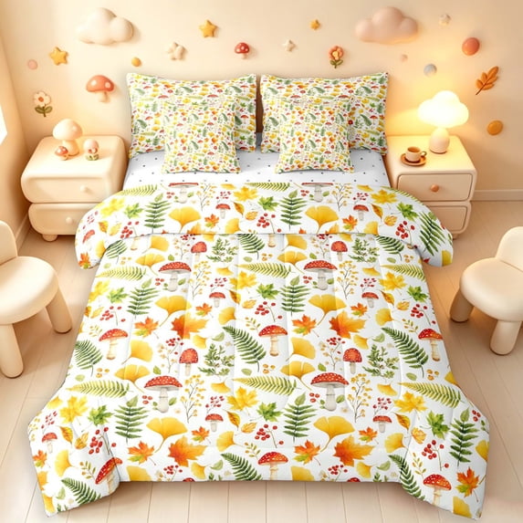 Homewish Cartoon Mushroom 7-Piece King Bedding,Fungus Botanical King Bed in a Bag,Beige,Reversible