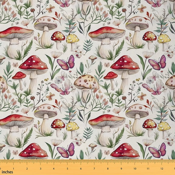Homewish Cartoon Mushroom Plant Fabric by the Yard 1 Yard for Teen, Flower Floral Room Decor Fabric by the Yard, Rustic Farmhouse Butterfly Sewing Fabric, Breathable Home Decor
