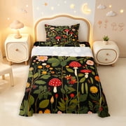 Homewish Cartoon Mushrooms Flowers Twin Sheets,Wild Fungus Plant Bedding,Black,3-Piece,1 Flat Sheet,1 Fitted Sheet and 1 Pillowcase