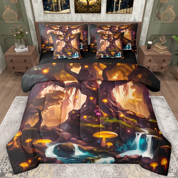 Homewish Cartoon Natural Scenery 7pcs Bedding Comforter Set,Rustic Fungus Mushroom Queen Bedding Sets,Orange Brown Queen Sheet Sets For Kids,Super Cozy Room Decor Reversible