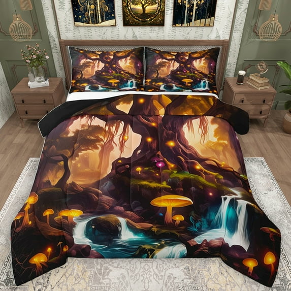 Homewish Cartoon Natural Scenery Bedding Comforter Set,Rustic Fungus Mushroom Twin Comforter Sets,Orange Brown Bedding Set For Kids,Super Cozy Room Decor Reversible,2-Piece