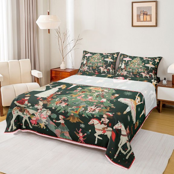 Homewish Cartoon Nutcracker 4pcs Bed Sheets for Kids Children Teens,Merry Christmas Tree King Sheets,Happy Xmas Super Cozy Sheet Set,Ultra Soft Home Decor