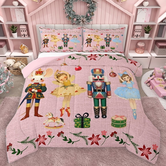 Homewish Cartoon Nutcracker Soldier Full Size Comforter Sets，Merry Christmas Bedding Comforter Set,Kawaii Ballet Girl Bedding Sets For Teens,Ultra Soft Home Decor Reversible,3pcs