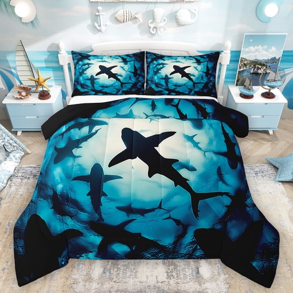 Homewish Cartoon Ocean Shark Bedding Comforter Set, Underwater World Twin Comforter Sets, Teens Kids Girls Boys Reversible Bedding Set, Breathable Home Decor, 2 Pieces