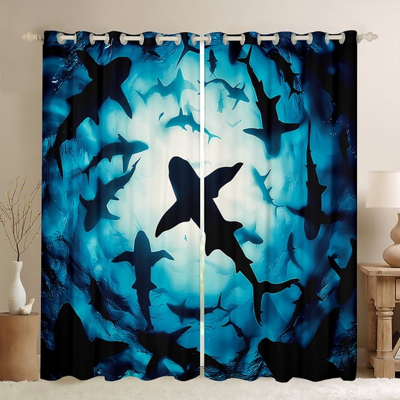 Homewish Cartoon Ocean Shark Black Out Curtains, Underwater World Curtains Pack of 2 (42x63 Each), Teens Kids Girls Boys Bedroom Curtains, Blackout Curtains Home Decor