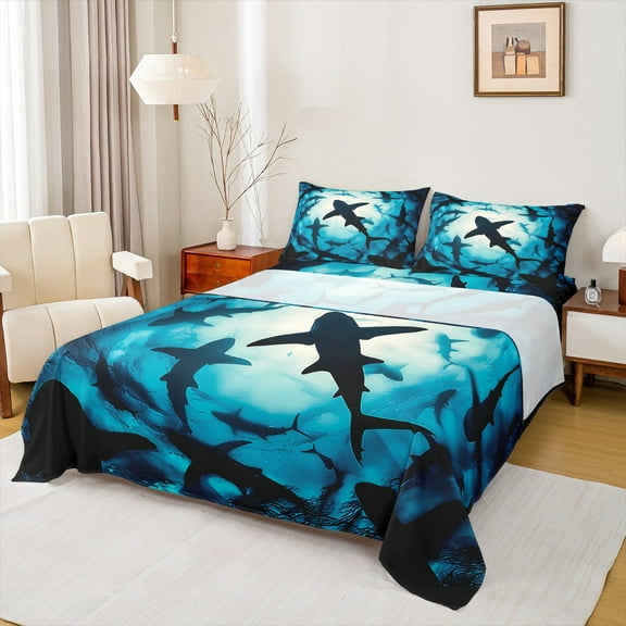 Homewish Cartoon Ocean Shark Full Size Sheets, Underwater World Bed Sheets, Teens Kids Girls Boys Sheet Sets, Breathable Home Decor, 4 Pieces