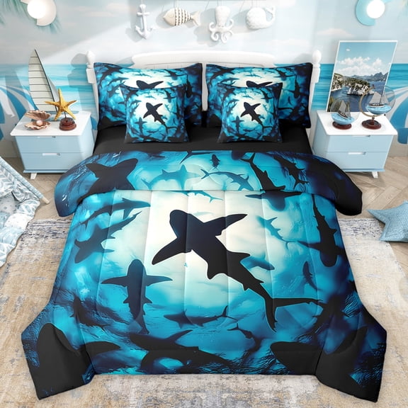 Homewish Cartoon Ocean Shark Twin Bedding Sets 7-Piece, Underwater World Bedding Comforter Set, Teens Kids Girls Boys Reversible Sheet Sets, Breathable Home Decor