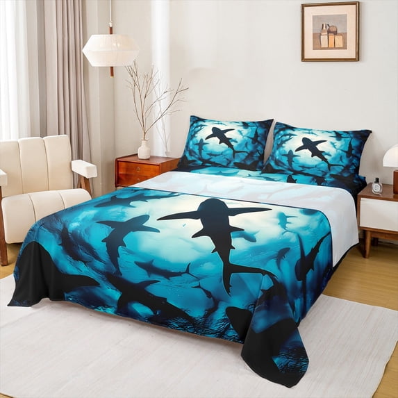 Homewish Cartoon Ocean Shark Twin Sheet Sets, Underwater World Twin Fitted Sheet, Teens Kids Girls Boys Flat Sheet, Breathable Home Decor, 3 Pieces