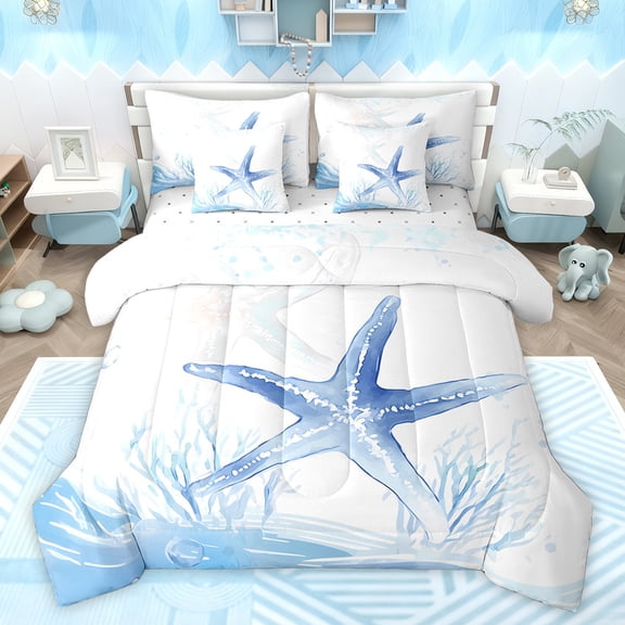 Homewish Cartoon Ocean Starfish Bedding Comforter Set 7pcs for Kids, Kawaii Marine Sealife Queen Bedding Sets, Blue Watercolor Reversible Queen Sheet Sets, Luxury Bedroom Decor