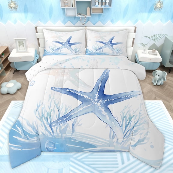 Homewish Cartoon Ocean Starfish Queen Comforter Set for Kids, Kawaii Marine Sealife Bedding Sets, Blue Watercolor Reversible Bedding Comforter Set, Luxury Bedroom Decor, 3pcs