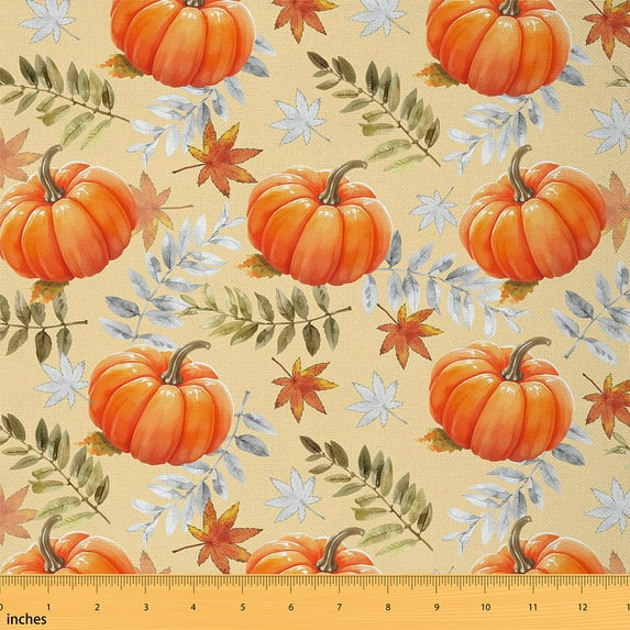 Homewish Cartoon Orange Pumpkin 01, Vintage Thanksgiving Day Room Decor Fabric by the Yard, Leaf Botanical Plant Sewing Fabric, Microfiber Bedroom Decor