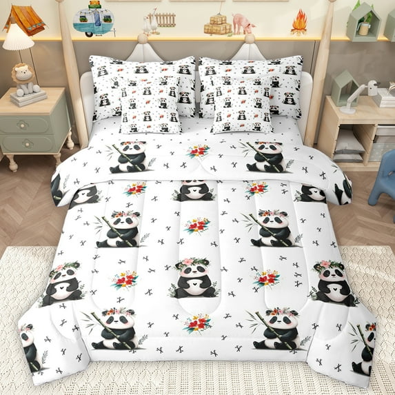 Homewish Cartoon Panda 7-Piece Twin Bedding Sets,Cute Zoo AnimalBedding Comforter Set,Cute Rustic Flower Sheet Sets For Kids,Ultra Soft Home Decor Reversible
