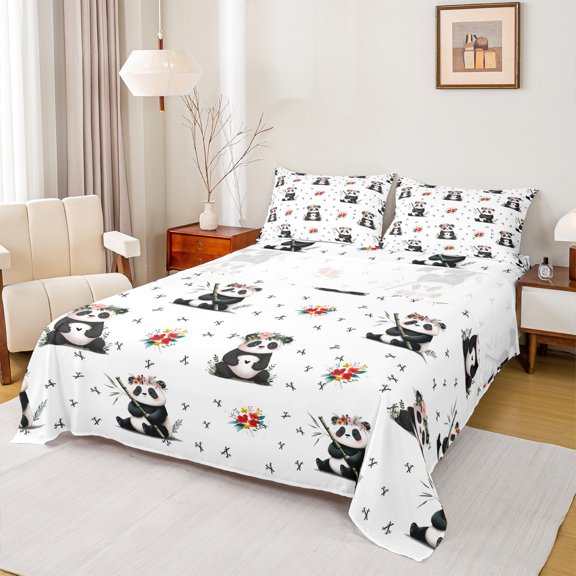 Homewish Cartoon Panda Bed Sheets,Cute Zoo AnimalKing Sheets,Cute Rustic Flower Sheet Set For Kids,Ultra Soft Home Decor,4pcs