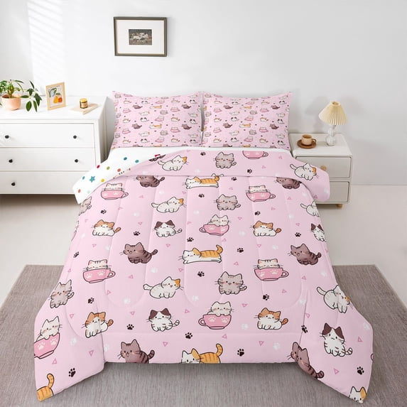 Homewish Cartoon Pet Cat Queen Comforter Set,Lovely Animals Comforter Sets Queen,Pink,Polkadot Reversible,3 Pieces,1 Comforter and 2 Pillowcases