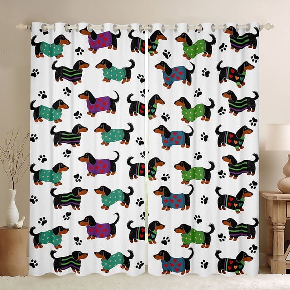 Homewish Cartoon Pet Dachshund Blackout Curtains,Dog Paws Curtains Pack of 2 (42x84 Each),White
