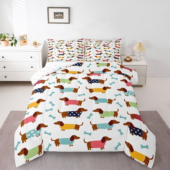 Homewish Cartoon Pet Dachshund Full Size Comforter Sets,Dog Bone Bedding Comforter Set,White,Reversible,3pcs,1 Comforter and 2 Pillowcases