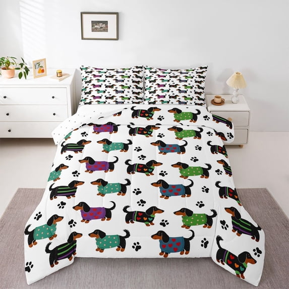 Homewish Cartoon Pet Dachshund Full Size Comforter Sets,Dog Paws Bedding Comforter Set,White,Reversible,3 Pieces,1 Comforter and 2 Pillowcases