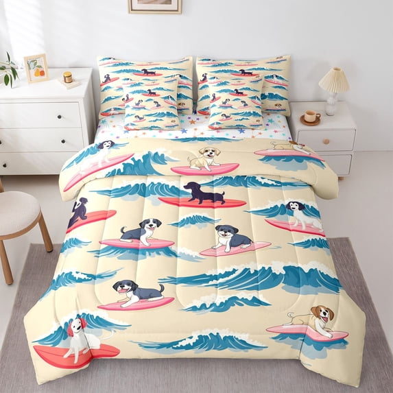 Homewish Cartoon Pet Dog 7-Piece King Bedding,Ocean Wave Surfboard King Bed in a Bag,Beige,Colorful Stars Reversible