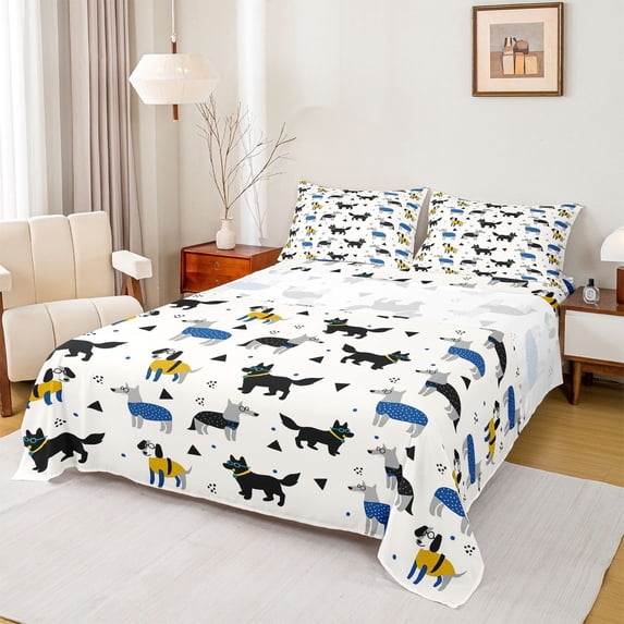 Homewish Cartoon Pet Dog Bed Sheets,Kawaii Animal Full Size Sheets,White,4-Piece,1 Flat Sheet, 1 Fitted Sheet and 2 Pillowcases