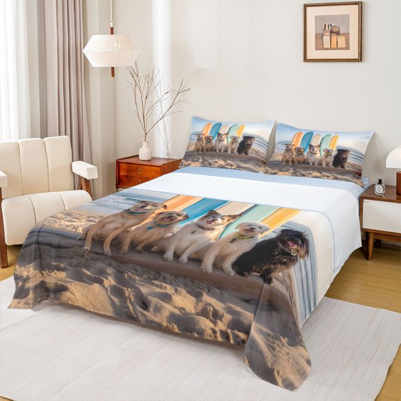 Homewish Cartoon Pet Dog Bed Sheets,Ocean Beach Full Size Sheets,Vintage Surfboard Decor,4-Piece,1 Flat Sheet, 1 Fitted Sheet and 2 Pillowcases