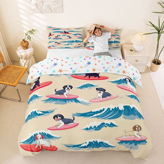 Homewish Cartoon Pet Dog Bedding,Ocean Wave Surfboard Duvet Cover Full,Beige,Colorful Stars Reversible,3 Pieces,1 Duvet Cover and 2 Pillowcases