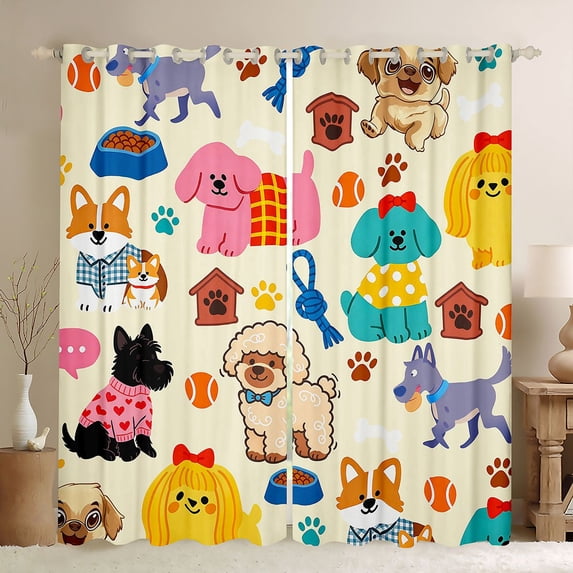Homewish Cartoon Pet Dog Blackout Curtains,Funny Animal Curtains Pack of 2 (42x84 Each),Cream