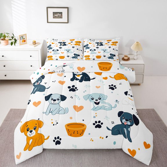 Homewish Cartoon Pet Dog Queen Comforter Set,Cute Animal Comforter Sets Queen,White,Polkadot Reversible,3-Piece,1 Comforter and 2 Pillowcases