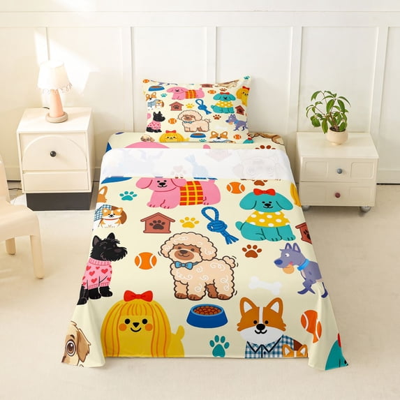 Homewish Cartoon Pet Dog Twin Sheets,Funny Animal Bedding,Cream,3pcs,1 Fitted Sheet and 1 Pillowcase