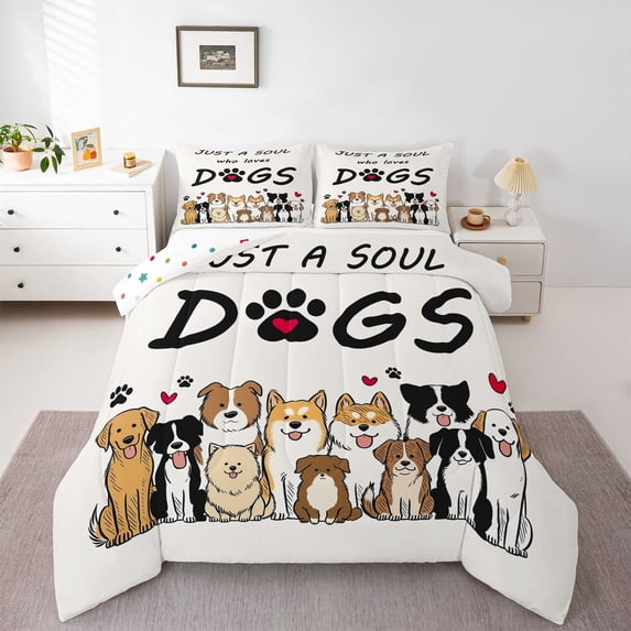 Homewish Cartoon Pet Queen Comforter Set,Just A Soul Who Loves Dogs Print Comforter Sets Queen,Beige,Polkadot Reversible,3pcs,1 Comforter and 2 Pillowcases