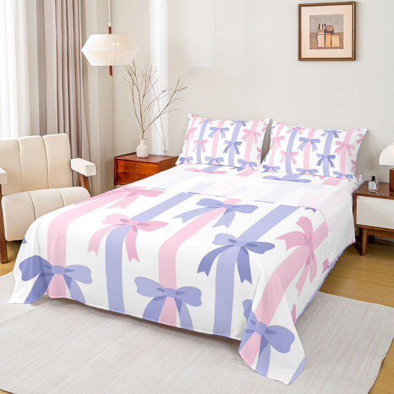 Homewish Cartoon Pink Blue Bowtie Girl 4 Pieces Queen Sheet Sets,Geometric Lines Stripes Ultra Soft Flat Sheet,Dreamy Princess Queen Fitted Sheet,Microfiber Bedroom Decor