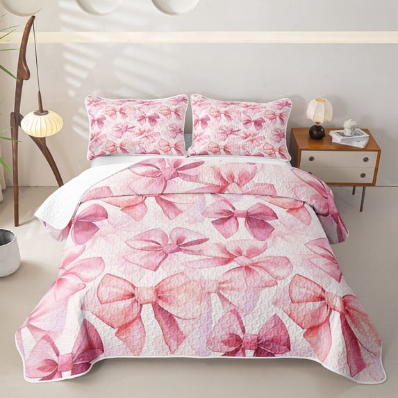 Homewish Cartoon Pink Bows Bed Spread Queen For Girls,Dreamy Princess Style Bowknot Queen Coverlet Set,3pcs