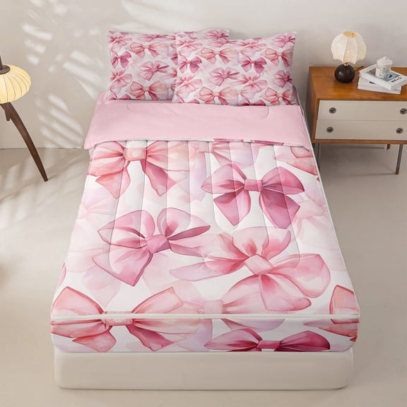 Homewish Cartoon Pink Bows Zipper Twin Comforter Sets with Fitted Sheet and 2 Pillowcases For Girls,Dreamy Princess Style Bowknot Zipper Bedding Set,Reversible,4 Pieces