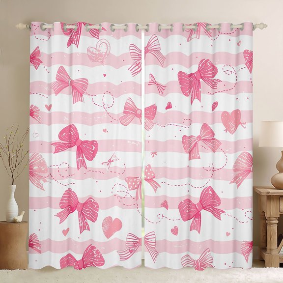 Homewish Cartoon Pink Bowtie Girl Black Out Curtains,Geometric Stripes Polka Dots Curtains Pack of 2 (42x63 Each),Dreamy Princess Bedroom Curtains,Microfiber Bedroom Decor