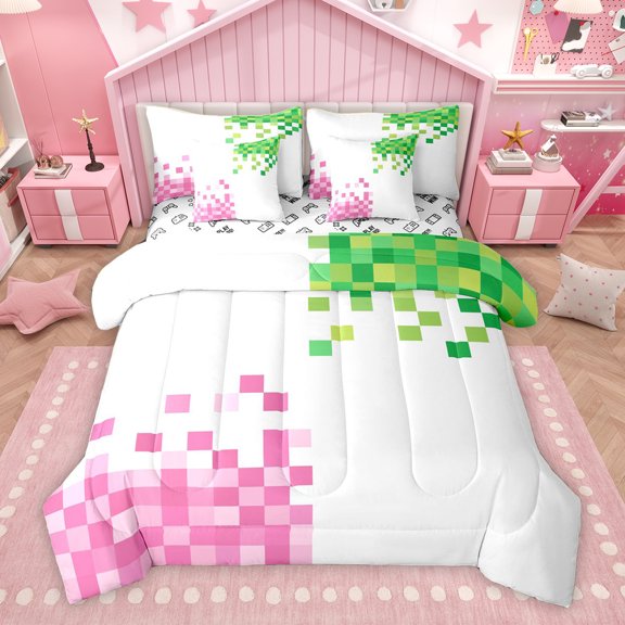 Homewish Cartoon Pink Green Plaid Bedding Comforter Set 7pcs, Vintage Game Abstract King Bedding Sets, Square Rectangle Reversible Bed Sheets, Lightweight Room Decor