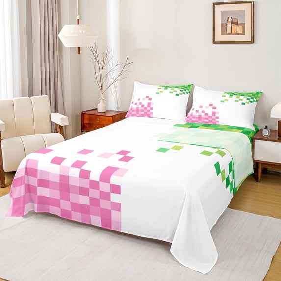 Homewish Cartoon Pink Green Plaid Full Size Sheets, Vintage Game Abstract Bed Sheets, Square Rectangle Sheet Sets, Lightweight Room Decor, 4-Piece