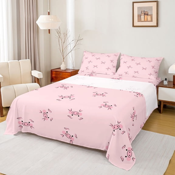 Homewish Cartoon Pink Pig 3pcs Twin Sheet Sets for Children Boys Girls,Farmhouse Animal Twin Fitted Sheet,Kawaii Cute Breathable Flat Sheet,Super Cozy Room Decor
