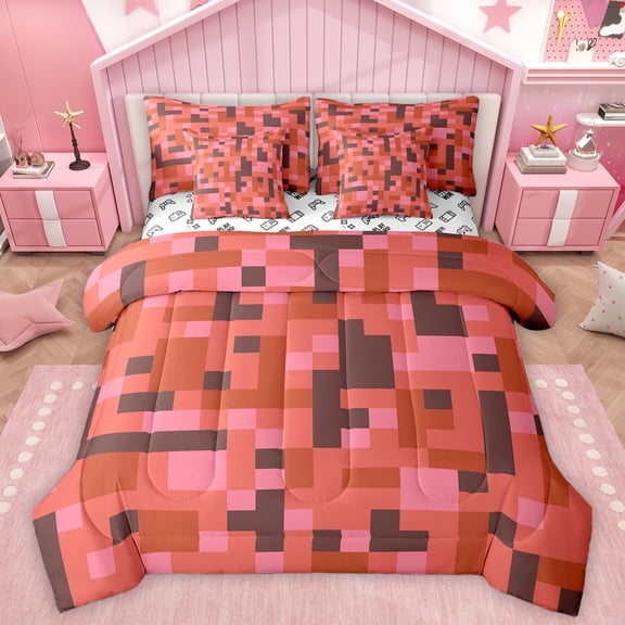 Homewish Cartoon Pixelate Miner Bedding Comforter Set 7 Pieces, Red Square Abstract Full Bedding Set, Teens Kids Boys Girls Reversible Fitted Sheet Flat Sheet, Ultra Soft Bedroom Decor