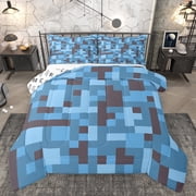 Homewish Cartoon Pixelate Miner Queen Comforter Set, Blue Square Abstract Bedding Sets, Teens Kids Boys Girls Reversible Bedding Comforter Set, Luxury Bedroom Decor, 3pcs