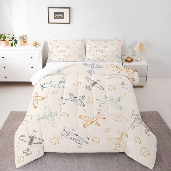 Homewish Cartoon Plane 2pcs Bedding Comforter Set for Kids Children Boys,Kawaii Airplane Twin Comforter Sets,Transportation Theme Breathable Bedding Set,Ultra Soft Home Decor