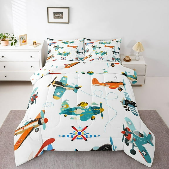 Homewish Cartoon Plane 2pcs Bedding Comforter Set for Kids Children Boys,Kawaii Airplane Twin Comforter Sets,Transportation Theme Breathable Bedding Set,Ultra Soft Home Decor,Reversible