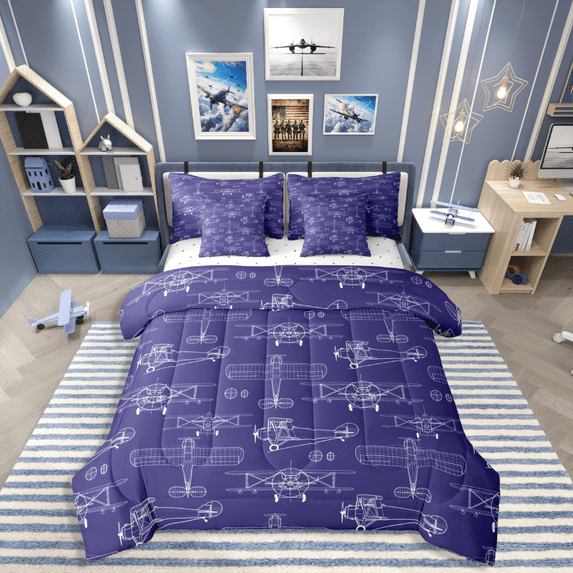 Homewish Cartoon Plane 7-Piece Bedding Comforter Set for Kids Children Boys,Kawaii Airplane King Bedding Sets,Transportation Theme Ultra Soft Bed Sheets,Ultra Soft Home Decor,Reversible