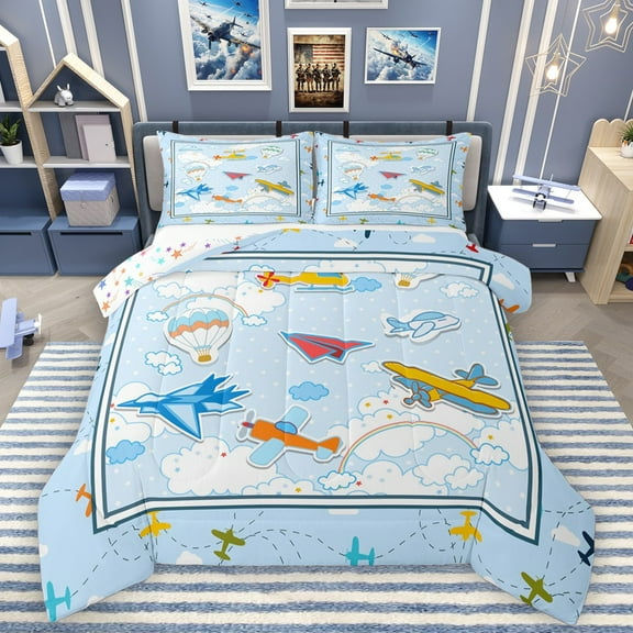 Homewish Cartoon Plane Bedding Comforter Set 2pcs for Kids Children Teens,Kawaii Aircraft Twin Comforter Sets Microfiber,Transportation Theme Breathable Bedding Set,Ultra Soft Home Decor,Reversible