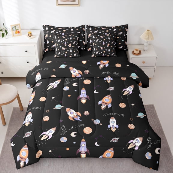 Homewish Cartoon Planet 7-Piece Bedding Comforter Set For Children Teens,Universe Galaxy King Bedding Sets,Starry Sky Ultra Soft Bed Sheets,Luxury Bedroom Decor,Reversible