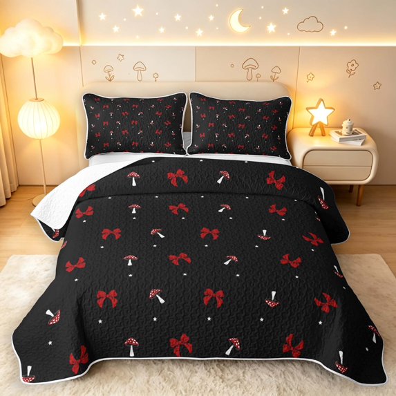 Homewish Cartoon Plant Mushrooms Twin Quilt Set,Cute Bowtie Twin Coverlet Set,Red Black,Black Reversible,2pcs
