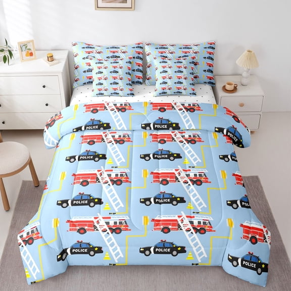 Homewish Cartoon Police Car 7-Piece Bedding Comforter Set For Preppy Children Kids,Cute Fire Truck King Bedding Sets,Car Theme Ultra Soft Bed Sheets,Breathable Home Decor,Reversible