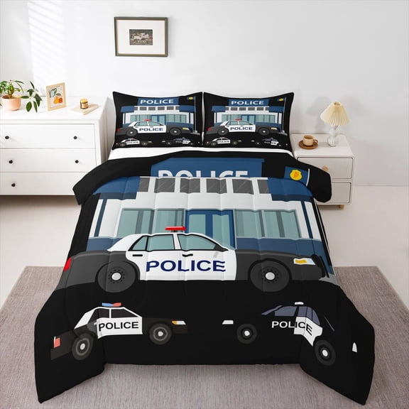Homewish Cartoon Police Car Bedding Comforter Set for Boys, Cute Truck Twin Comforter Sets, Kawaii Vehicle Theme Reversible Bedding Set, Lightweight Room Decor, 2 Pieces