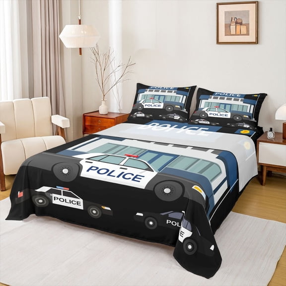 Homewish Cartoon Police Car Twin Sheet Sets for Boys, Cute Truck Twin Fitted Sheet, Kawaii Vehicle Theme Flat Sheet, Lightweight Room Decor, 3 Pieces