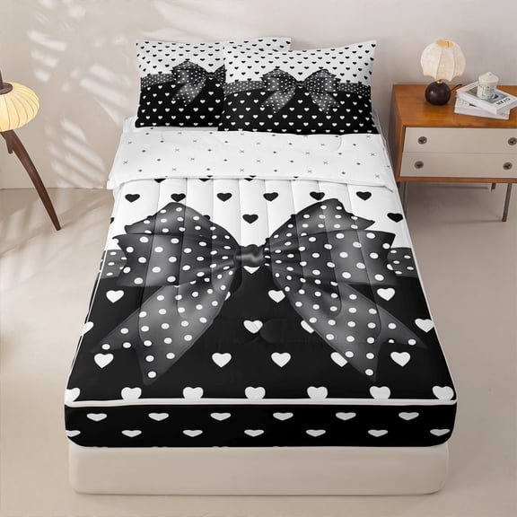 Homewish Cartoon Polka Dot Bow Zipper Twin Comforter Sets with Fitted Sheet and 2 Pillowcases,Girls Bowknot Loves Zipper Bedding Set For Kids,Reversible,4-Piece