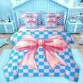 thumbnail image 1 of Homewish Cartoon Princess Bowknot Twin Bedding Sets 7-Piece for Kids, Blue Pink Checkered Plaid Bedding Comforter Set, Kawaii Ribbon Reversible Sheet Sets, Super Cozy Room Decor, 1 of 7